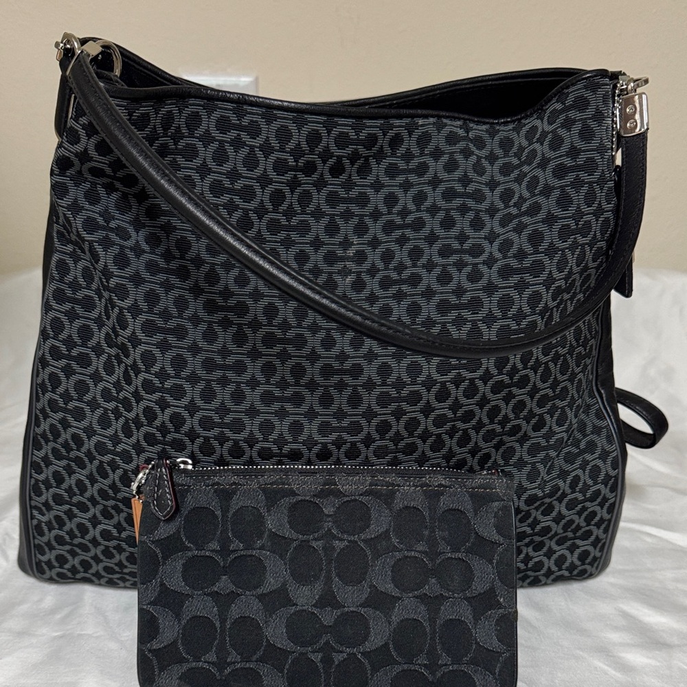 Coach Black Signature Jacquard Shoulder Hobo with Matching Pouch